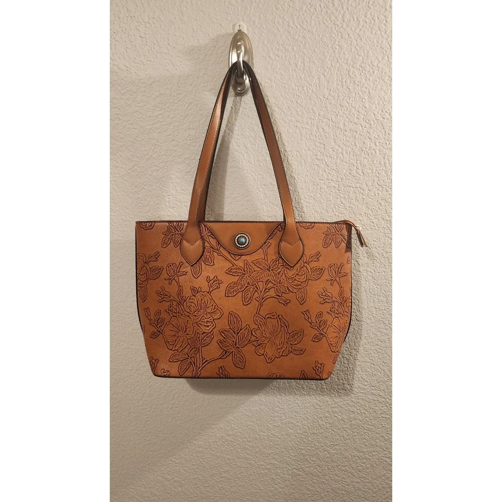 Vegan Purse hand tooled look faux turquoise‎ accent
